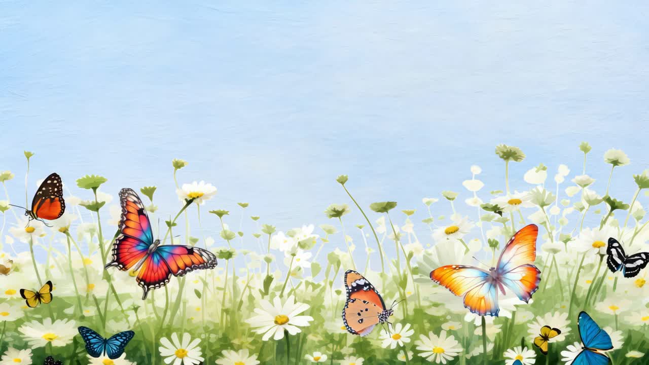 Aerial view of vibrant butterflies fluttering over a field of daisies against a clear sky