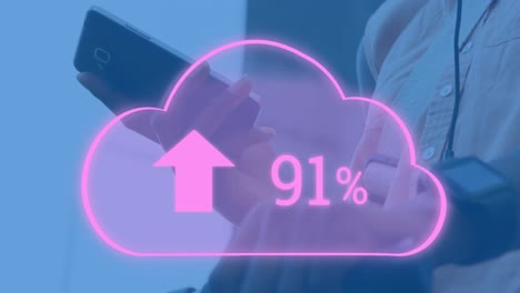 Animation-of-digital-cloud-with-percent-going-up-over-man-using-smartphone