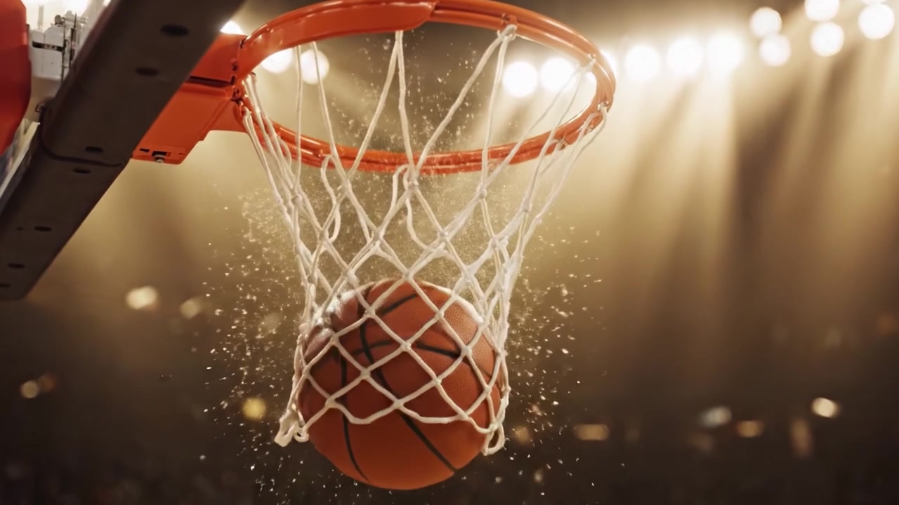 Uno Scorcio sull'Intensità del Basket: Momenti Accattivanti Catturati in Fotogrammi Video che Mostrano un Canestro e una Rete in un Contesto di Arena Dinamica