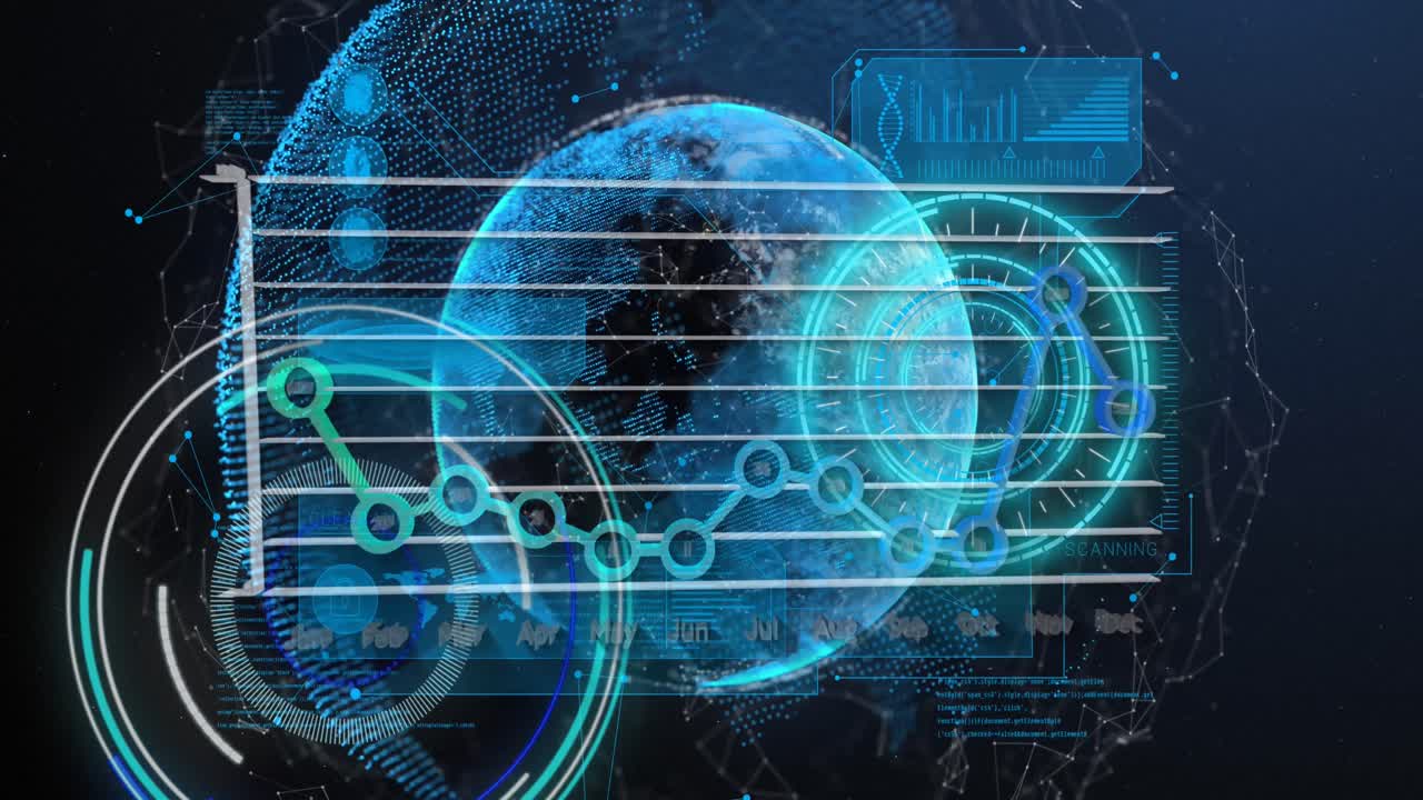 세계, 처리 원 및 해군 배경에 그래프의 애니메이션