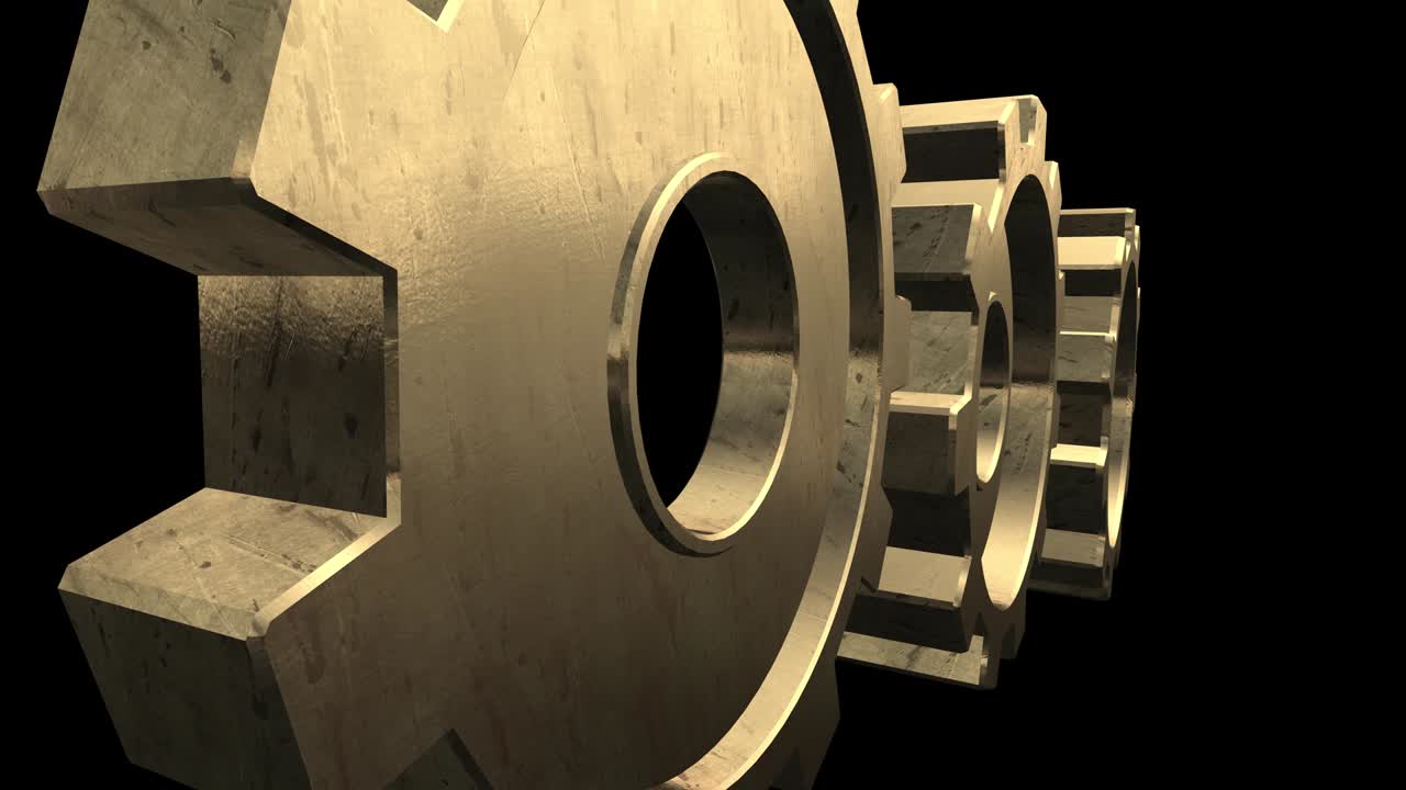 3D animation of rotating gold gears on a Black background. Alpha channel
