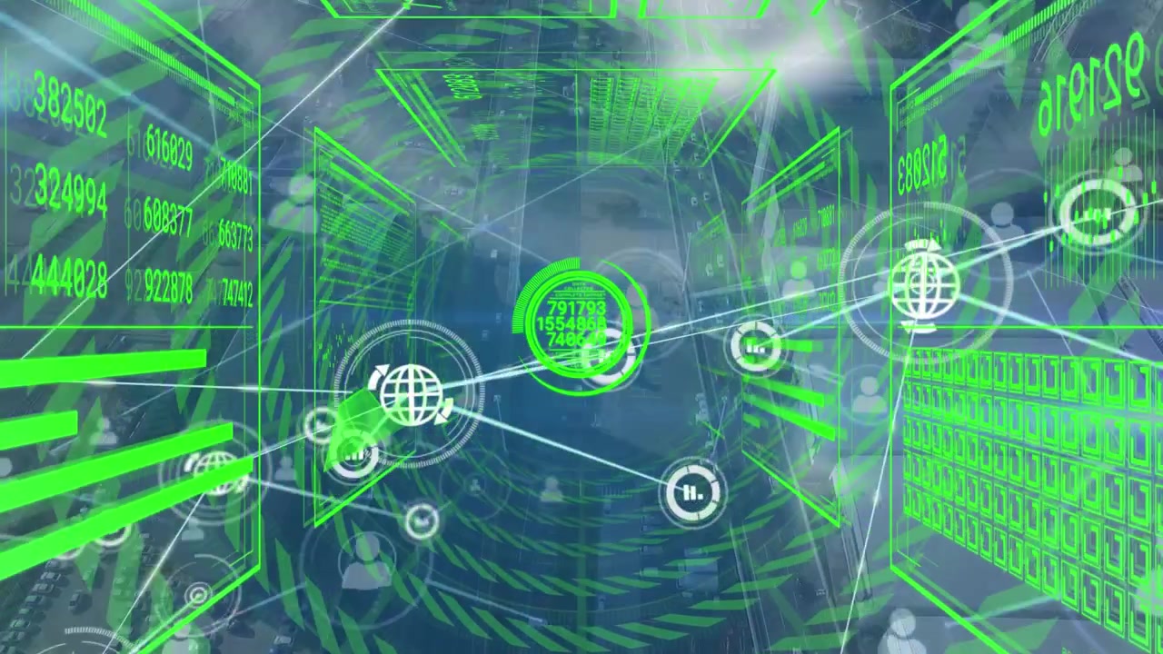 Animation of digital numbers with globe, people, chart icons connecting with lines against circle