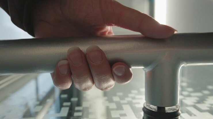 Close-up shows hand gripping horizontal metal valve bar, rotating it over stainless fitting beside perforated platform, with fingers pressing firmly, wrist turning, and soft daylight revealing cool