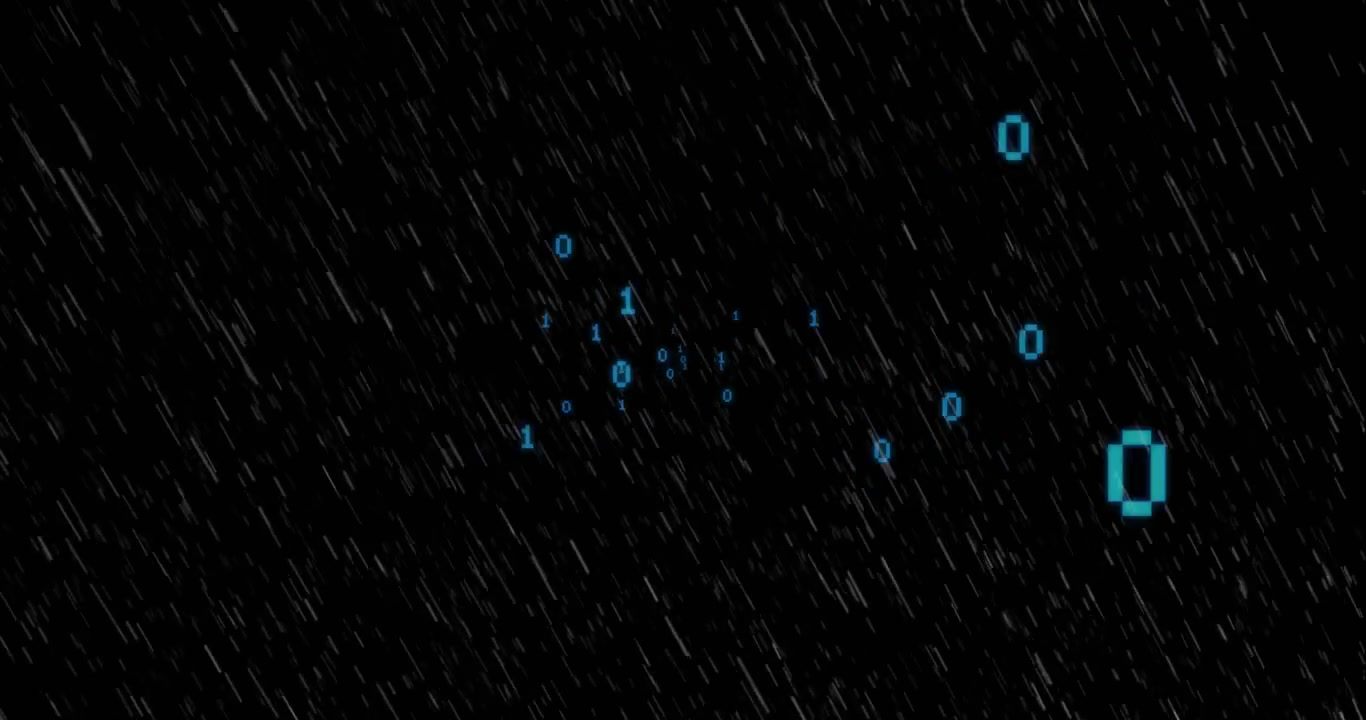 Upon appearing, binary cluster pulsing then scattering amid falling streaks visualizing data flow