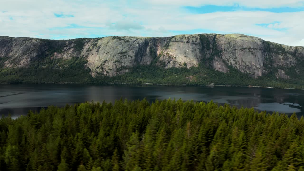 aerial más allá de un bosque a lo largo del lago nisser con la cordillera de langfjell en el fondo, treungen, telemark, noruega