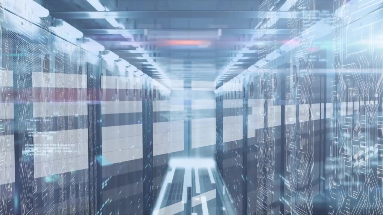Sala server di data center digitale con grafica di circuiti stampati sovrapposta