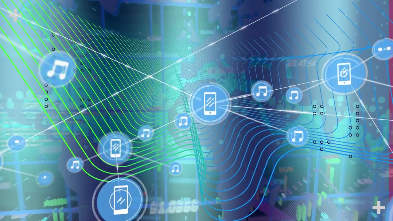 Animation of graphical phone and music icons connecting with lines over wave pattern and circles