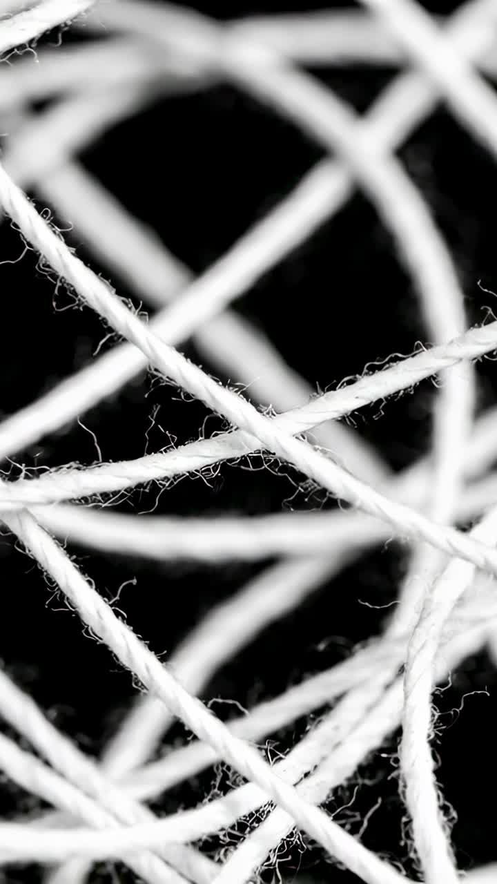 Vertical video: Camera shifting focus, showing tangled white threads on black, exposing fiber hairs
