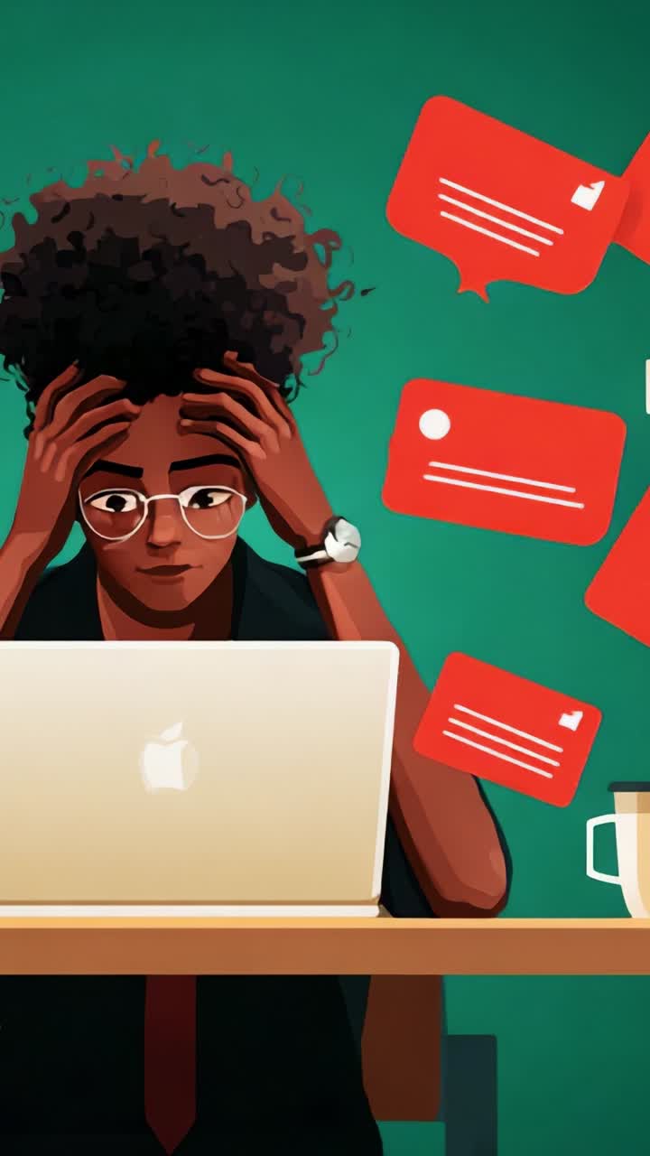 A stressed individual grapples with overwhelming notifications and messages while working on a laptop, illustrating the challenges of modern communication
