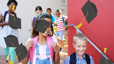 animation of school graduation hat icons over smiling school children at school