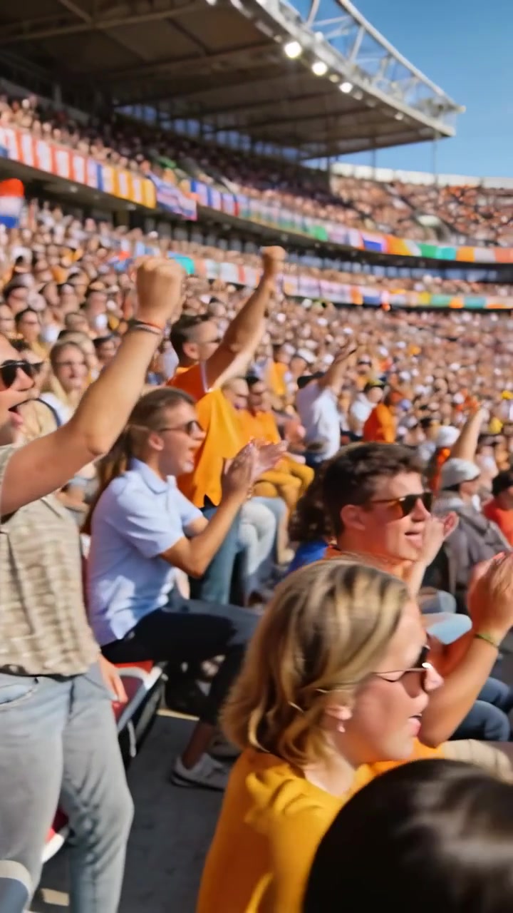 Vertikales Video: Nach einem Sportevent jubelt ein Kinderfan und steht auf der Tribüne mit orangefarbenem Trikot.