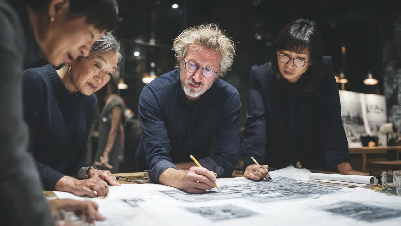 En kollaborativ diskussion om arkitektonisk design udfolder sig: Professionelle diskuterer detaljerede tegninger i et varmt, indbydende studiemiljø.