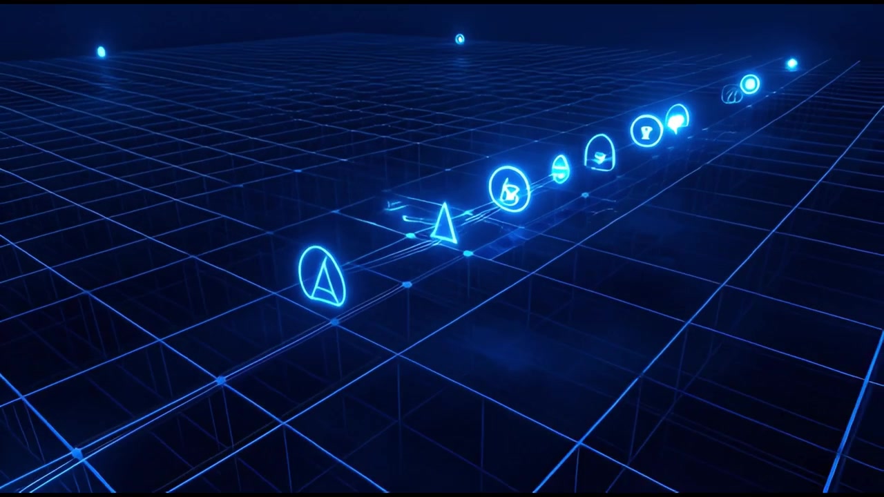 Animated Digital Icons and Data Flow on a Blue Grid