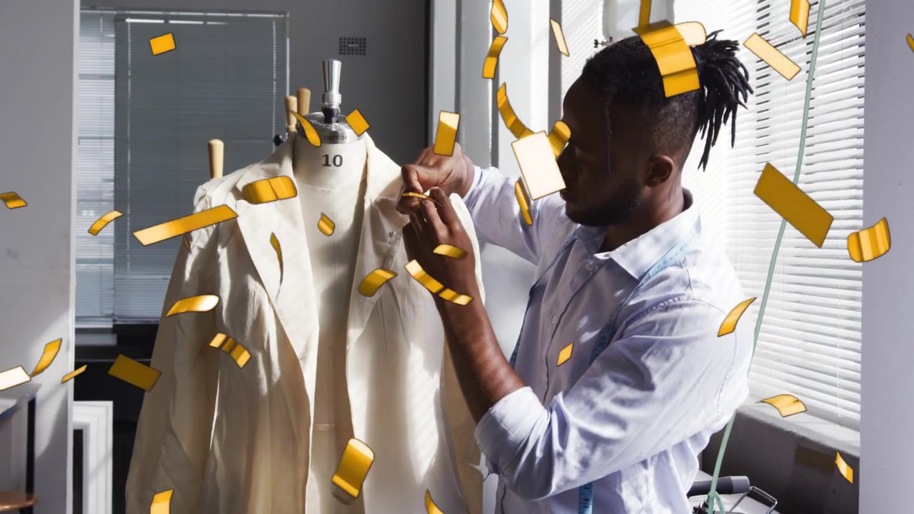 Tailor placing jacket on size 10 form, smoothing as golden overlay appearing, pinning lapel shaping