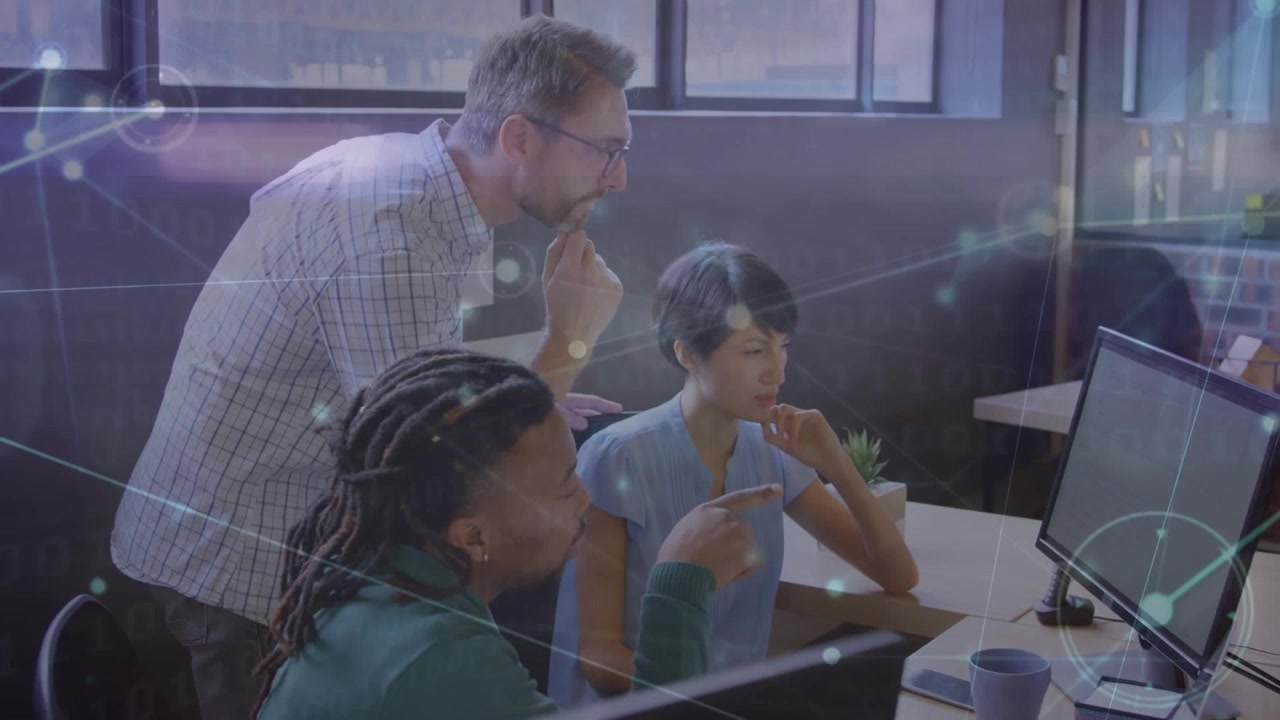 Animation of network of connections over students using computers in workers using computers