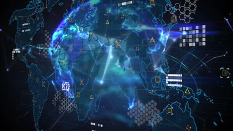 animation of network of connection with globe and data processing