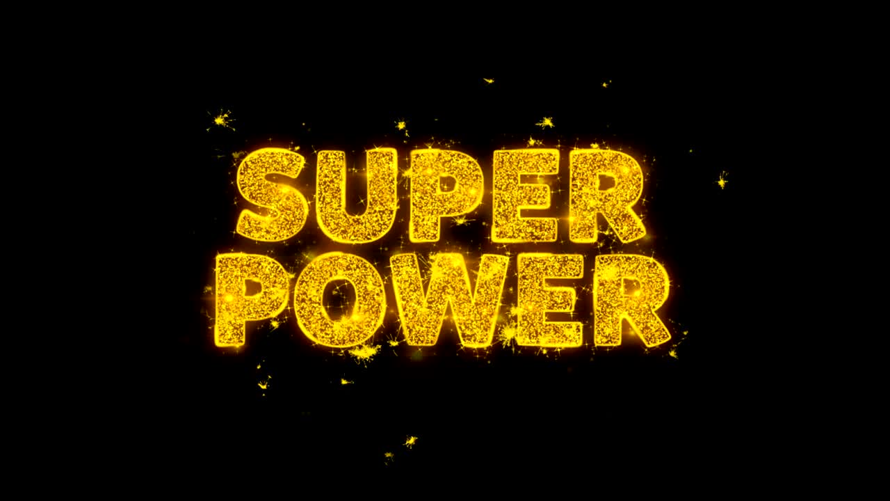el texto de superpoder hace chispas de partículas sobre un fondo negro.