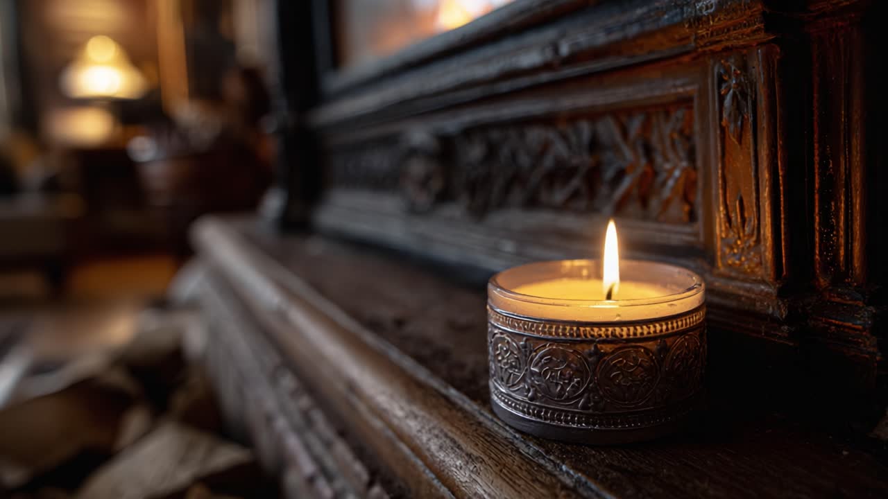 A Serene Candlelit Scene: The Gentle Flicker of a Candle Against a Rustic Background, Creating an Ambiance of Warmth and Tranquility in a Cozy Space