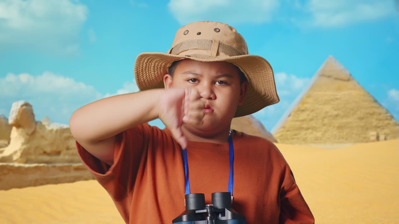 Asian Boy With A Hat Showing Thumbs Down Gesture After Looking Through The Binoculars. Boy Researcher Examines Something While Traveling In Giza Pyramid, Travel Adventure Concept, Close Up