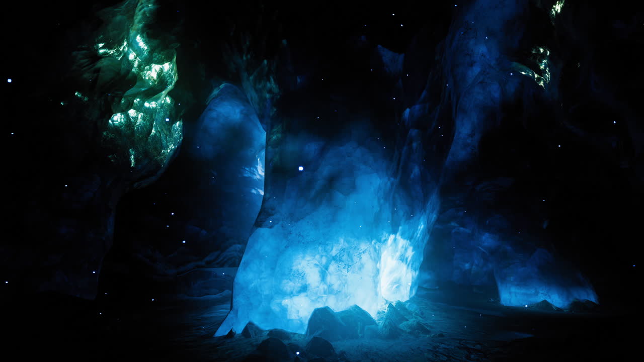 Stunning blue light formations illuminate a dark cave environment