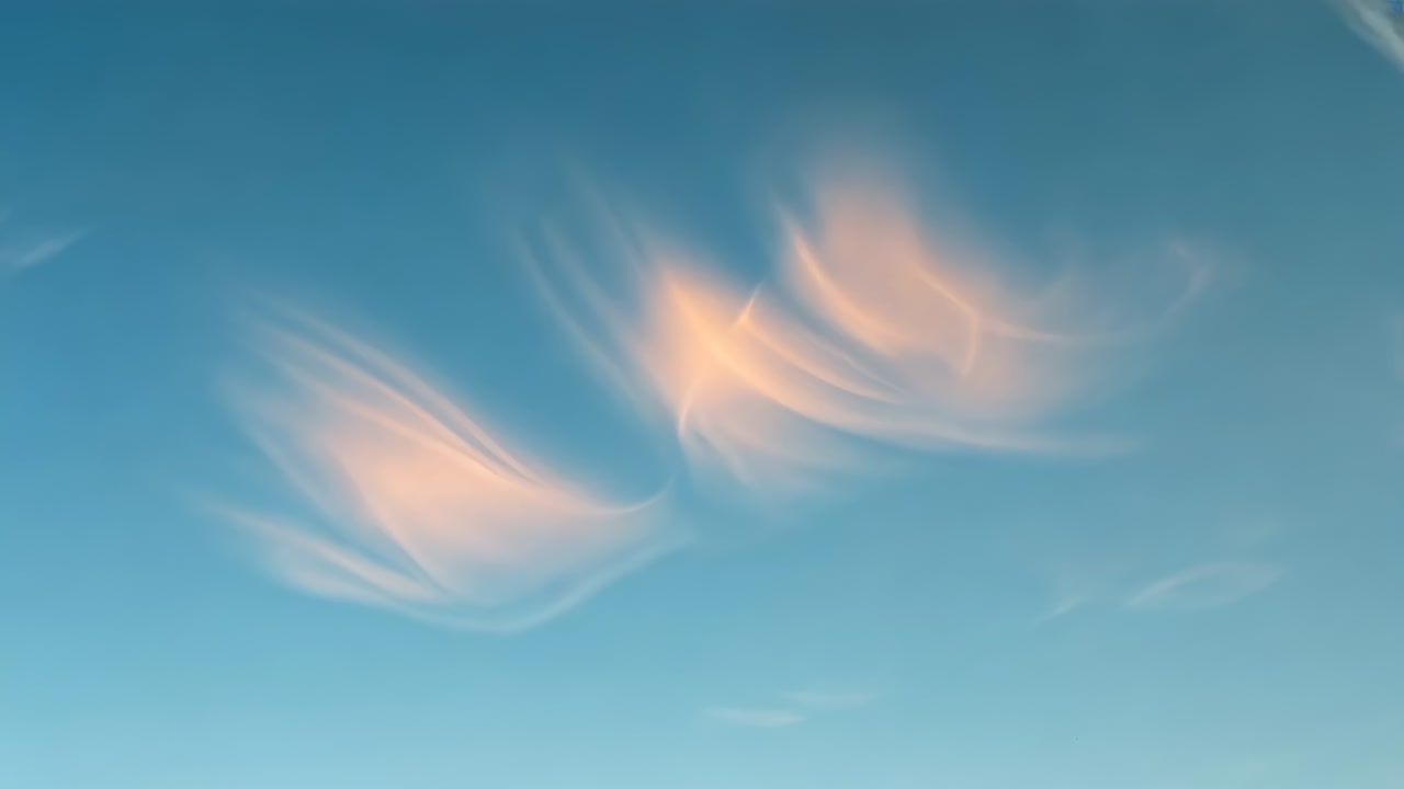 Shifting peach-gold cirrus clouds stretching, shearing across blue sky driven by steady upper winds