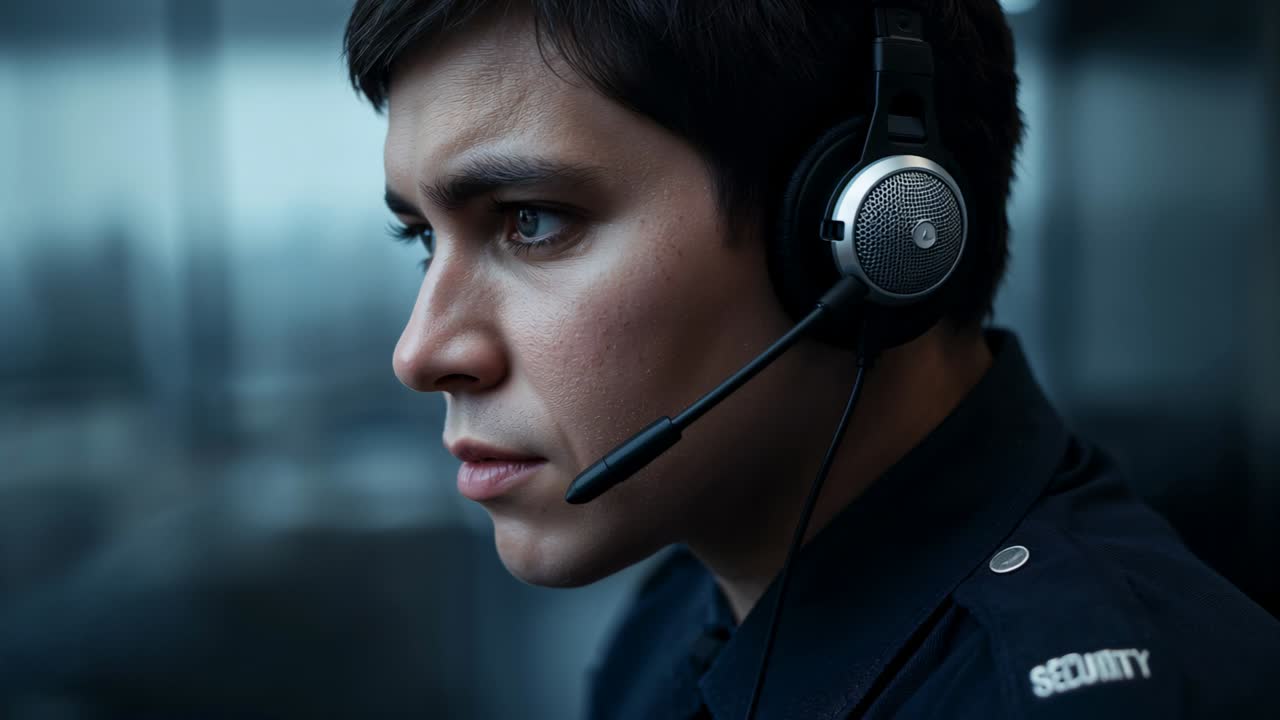 Listening officer wearing dark uniform and headset, showing SECURITY patch while monitoring control