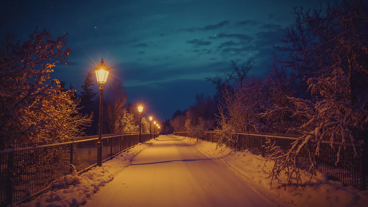Opening shot initiating camera panning across snowy walkway lined with glowing lampposts at night
