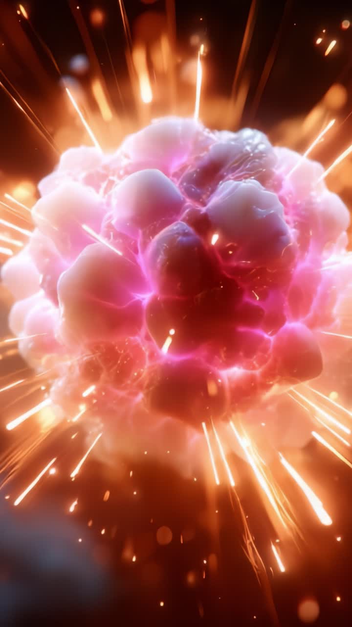 A stunning visual depiction of a vibrant explosion, showcasing dynamic energy and glowing particles emanating from a molecular structure in vivid colors