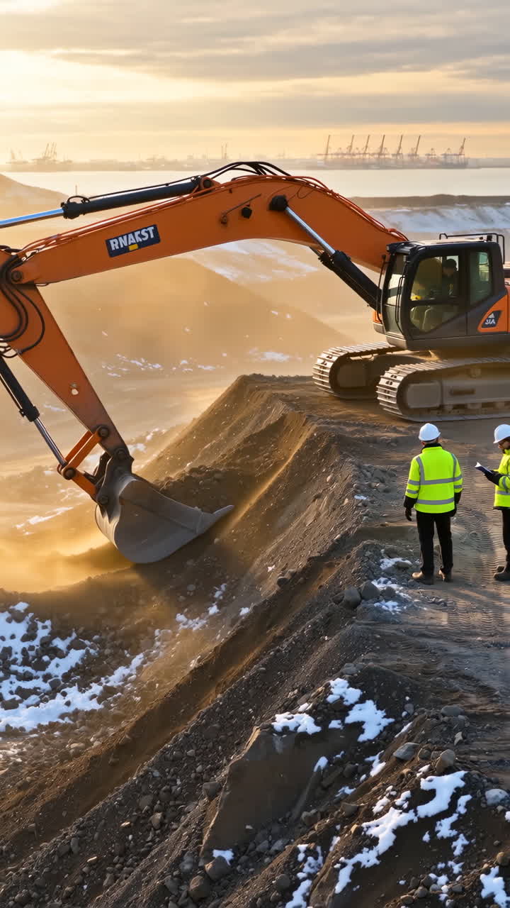 Excavator and Workers at a Construction Site During Sunset