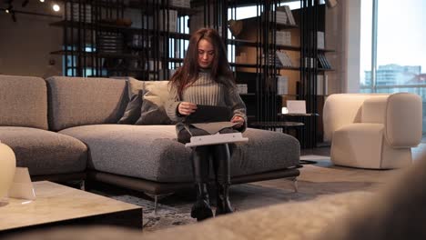 beautiful longhaired woman sitting on a sofa in a furniture showroom and looking at a catalog beautiful longhaired concentrated woman sitting on a sofa in a furniture showroom and looking at a catalog selection of furniture in a modern furniture salon