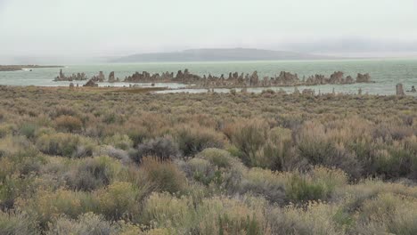 formaciones de calcio llamadas toba emergen del lago mono california en un día tormentoso en las sierras