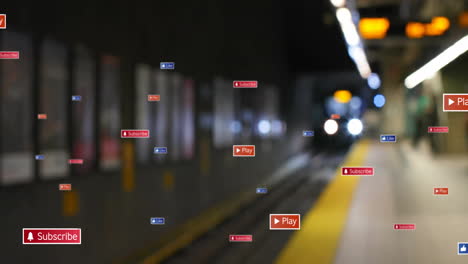 animation of social media notifications over train pulling into city station