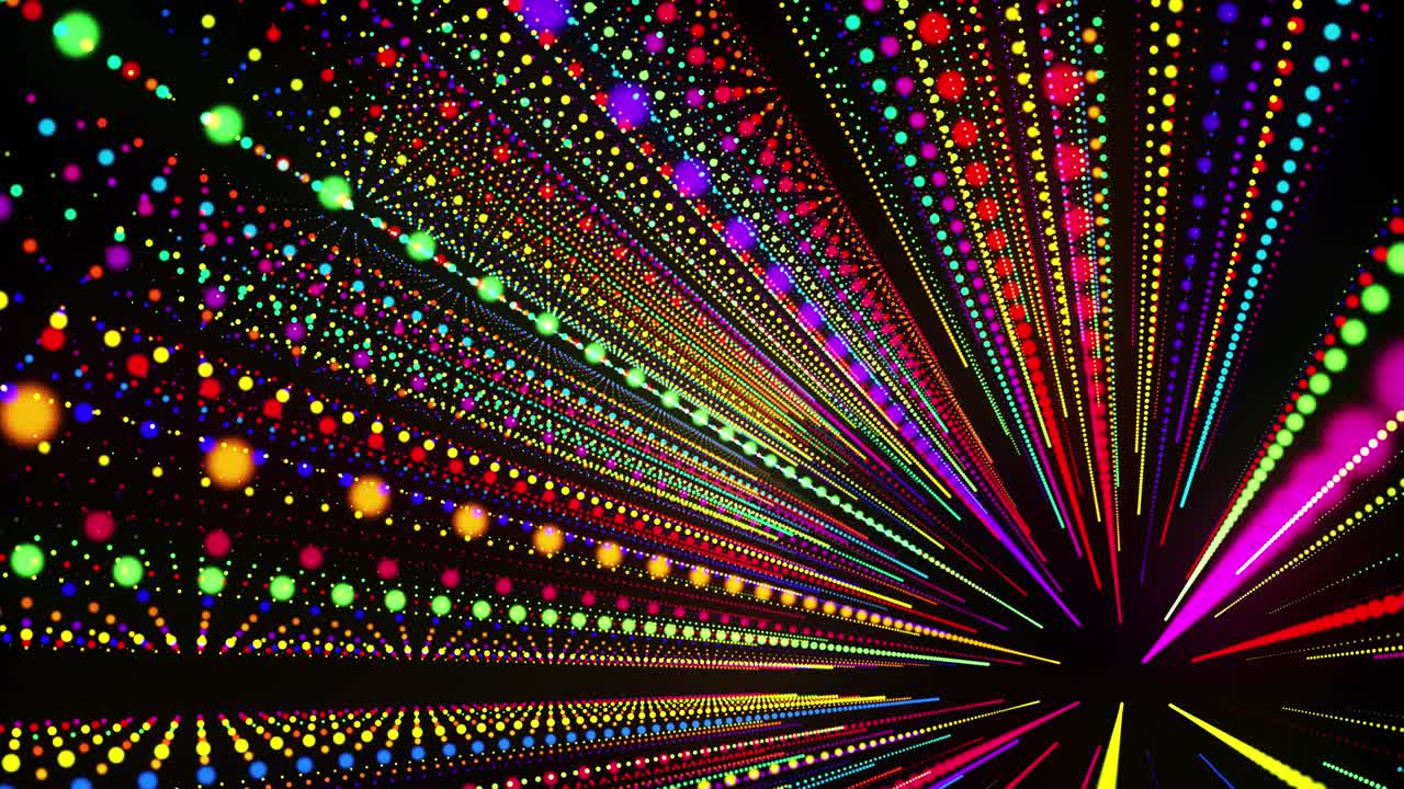 추상적인 3d 루프 배경은 빛나는 입자가 3d 공간에서 줄지어 서 있습니다. 다채로운 입자와 부드러운 애니메이션 카메라를 가진 축제 vj 루프.