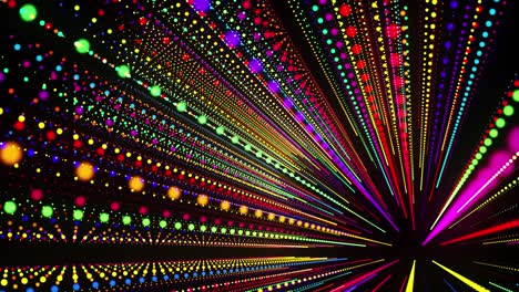 fondo de bucle 3d abstracto con partículas brillantes alineadas en una fila en el espacio 3d. bucle vj festivo con partículas multicolores y cámara animada suave. fondo de diseño de movimiento.