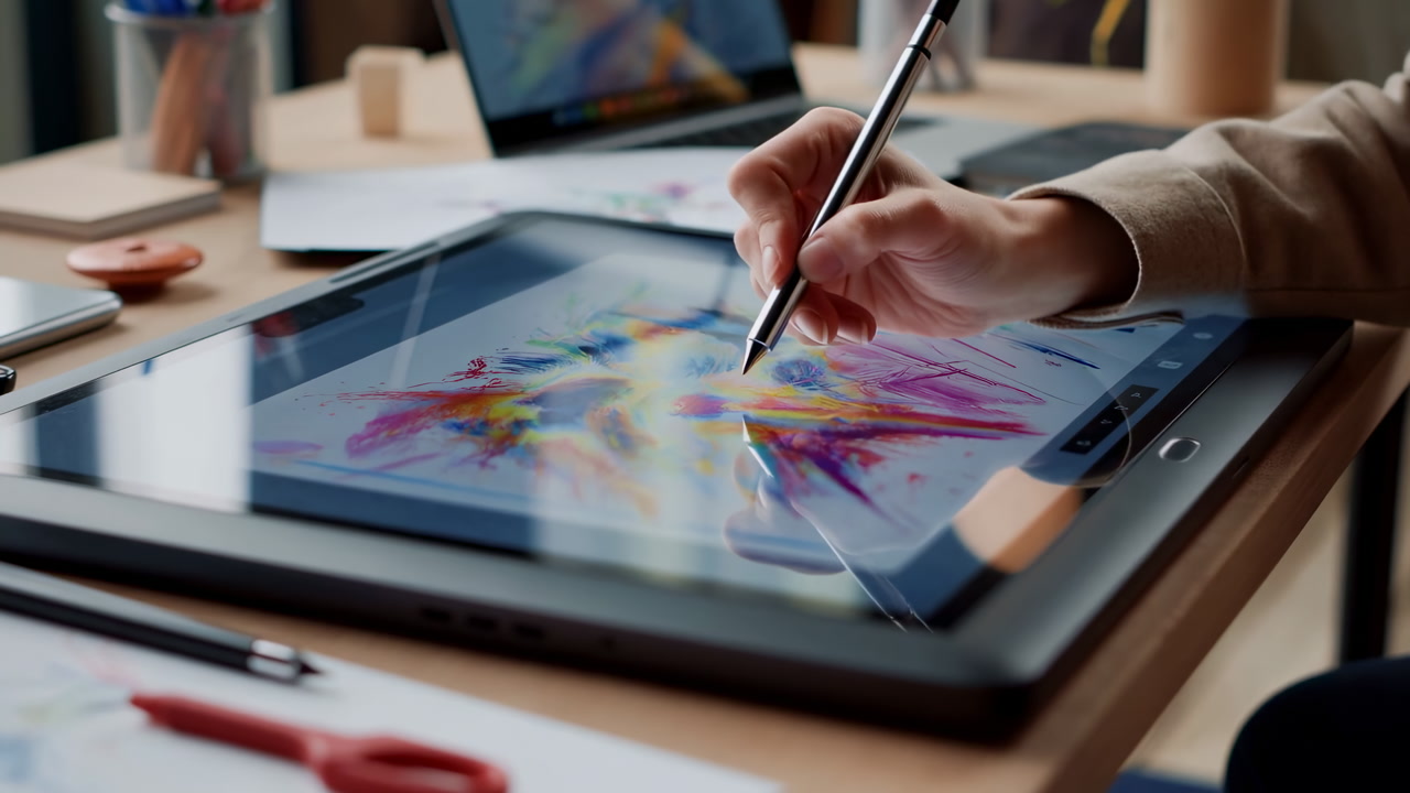 Digital Tablet Sketching Colorful Abstract Painting Hand Holding Stylus Graphic Designer Working On Concept