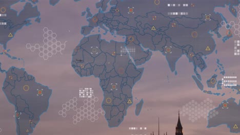 Animation-of-world-map-and-data-processing-over-london-cityscape