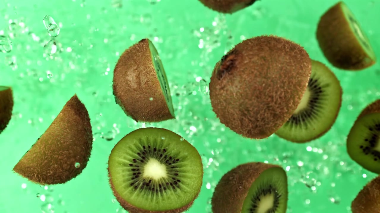 Kiwis frescos y rodajas cayendo con salpicaduras de agua.