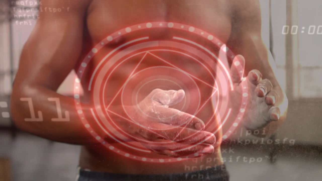 Male athlete rubbing chalk and clapping in gym activating red HUD over abs countdown preparing lift