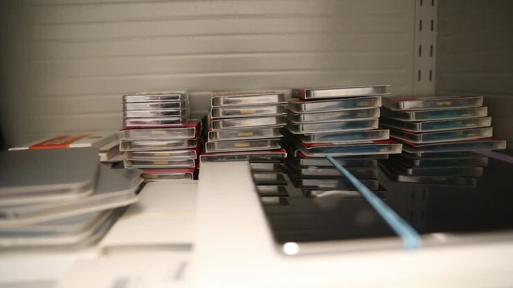 Technology boxes stacked on a shelf in an office