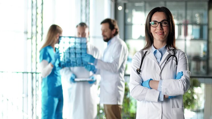 Retrato de médica guapa con gafas y bata blanca sonriendo a cámara.