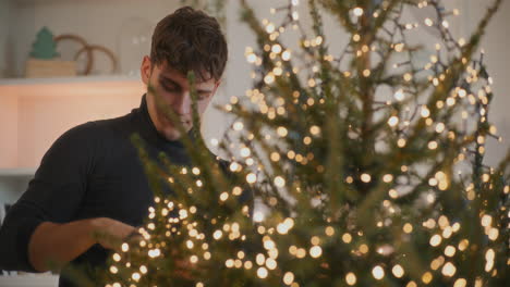hombre con luces led decorando el árbol de navidad
