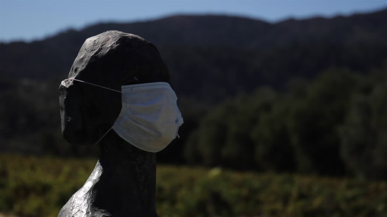 Sculpture Wearing Mask Outdoors