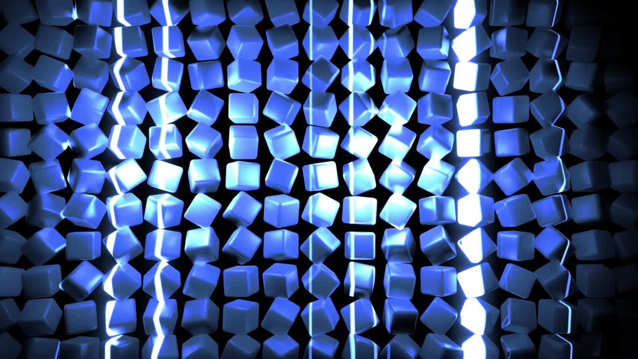 4k fondo de bucle abstracto con cubos alineados en filas en un plano, iluminación de neón azul de cubos, animación ciclada suave. bg para espectáculos festivos o eventos de vacaciones, videos musicales, bucle vj para clubes nocturnos