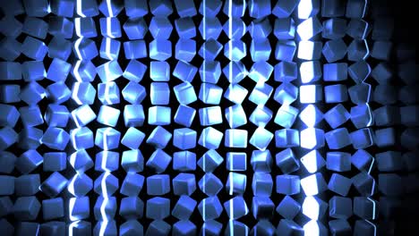 4k abstract loop background with cubes lined up in rows on a plane, blue neon lighting of cubes, smooth cyclized animation. bg for festive show or holiday events, music videos, vj loop for night clubs