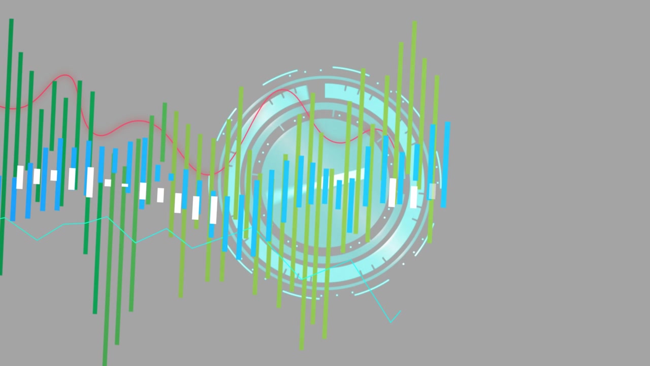 Teal HUD clock pulsing and rotating, waveform bars rising from left and showing audio levels