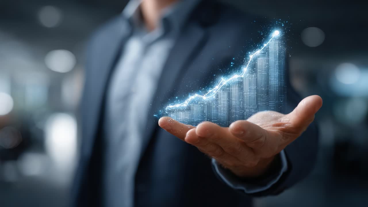 A Professional Man Displays an Animated Growth Chart, Representing Business Success and Financial Progress Using Futuristic Technology in a Corporate Environment