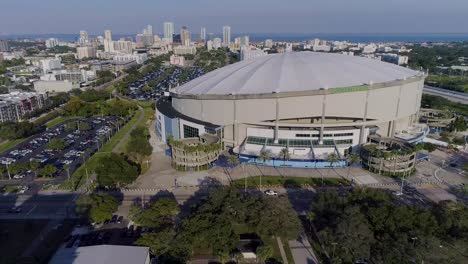 4k aerial drone video of tropicana field and full parking lots in downtown st