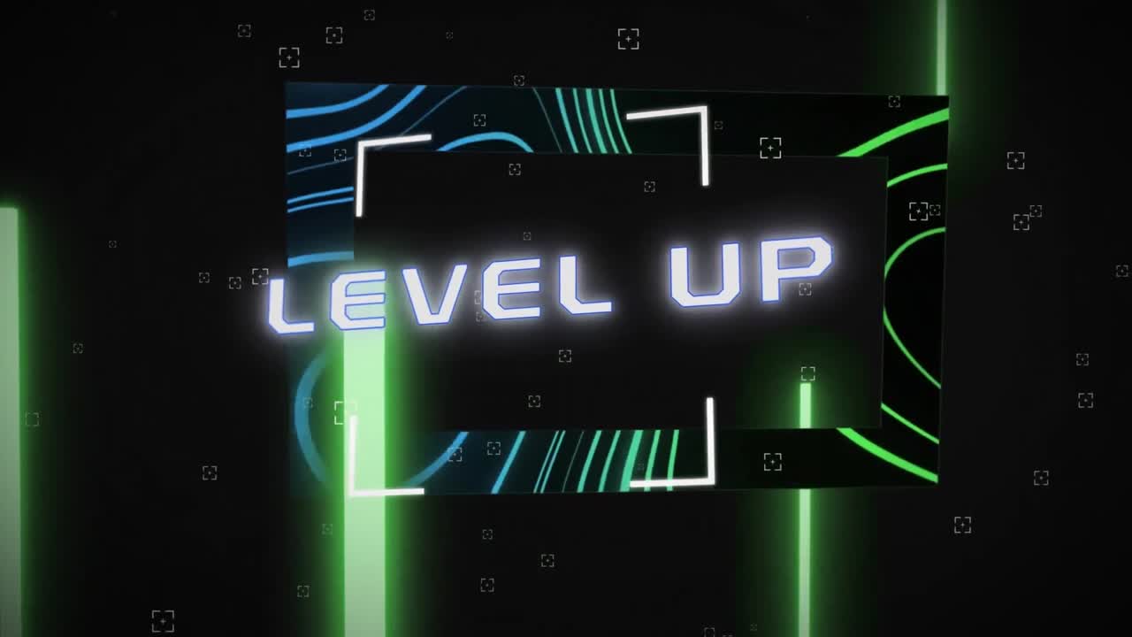 Animation of level up text in white neon frame over glowing square