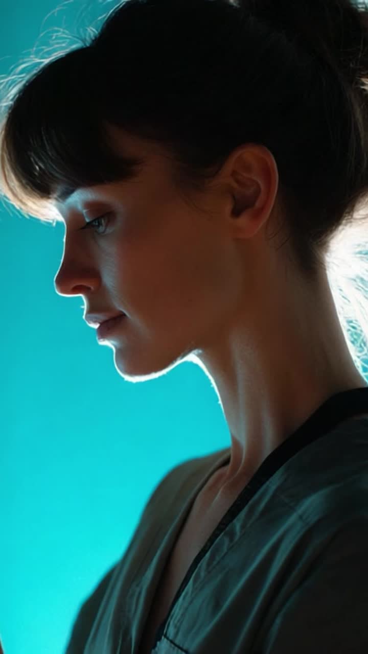 A contemplative woman is illuminated against a vibrant teal background, highlighting her profile in a moment of reflection and tranquility