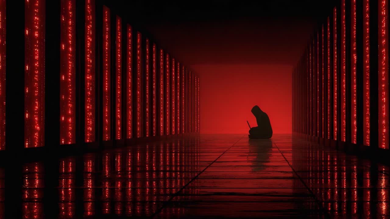 A solitary figure shrouded in darkness sits quietly at the end of a path illuminated by glowing red lights, evoking an atmosphere of mystery and contemplation